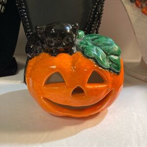 Vintage Hobbyist Jack o Lantern Pumpkin & Black Cat Ceramic Tea Light Holder